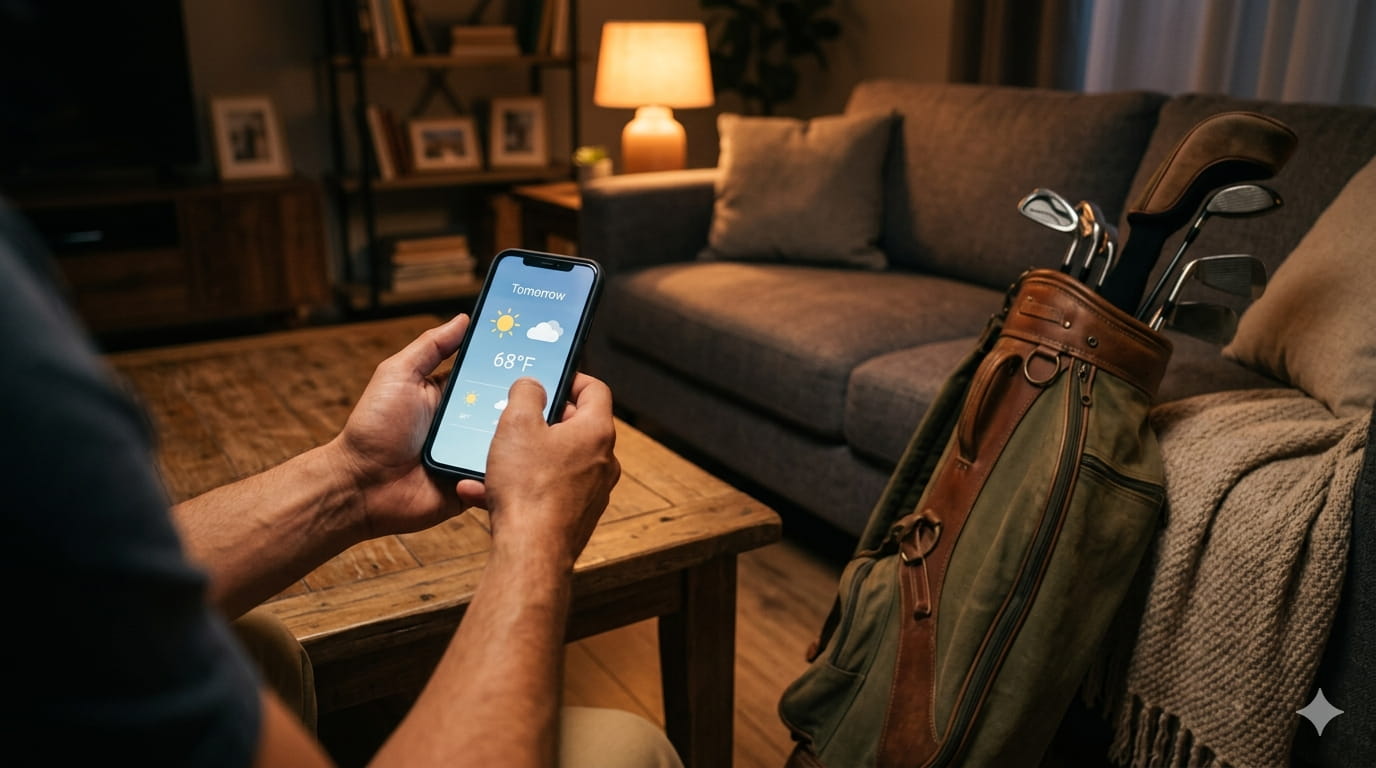 夜の自宅リビングで天気アプリを表示したスマホを手に持ち、傍らにゴルフバッグが置かれているシーン