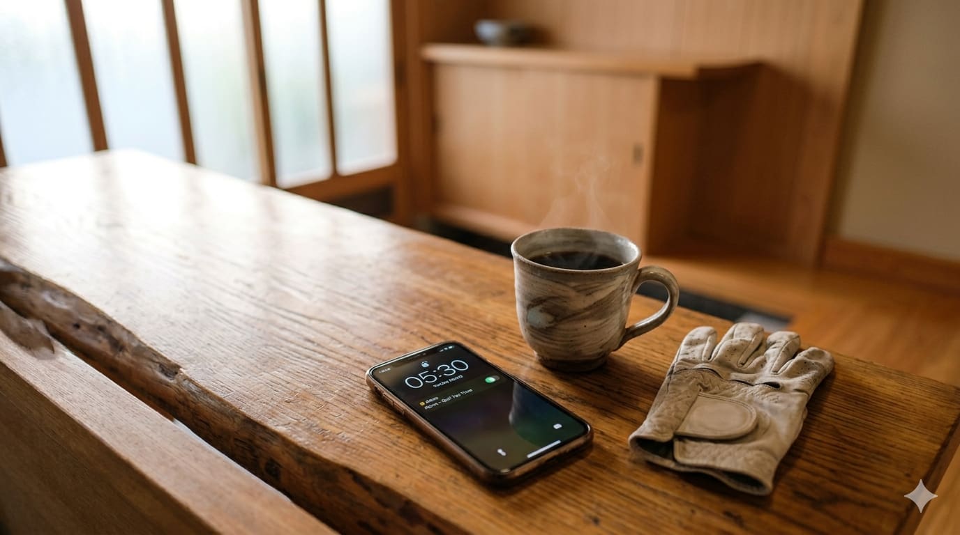 早朝5時30分を示すスマートフォンの画面、横にコーヒーカップとゴルフグローブが置かれたテーブル