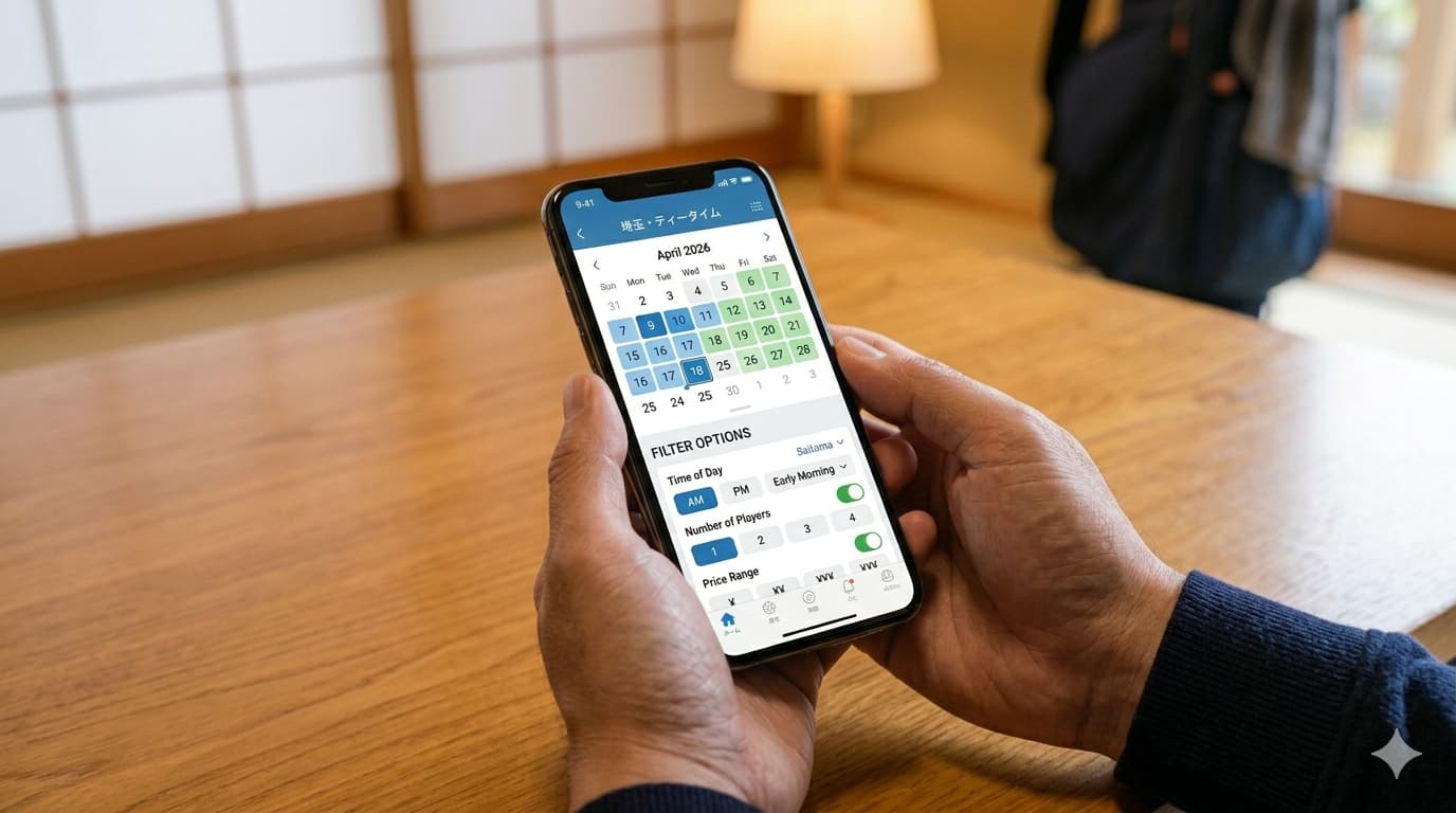 スマートフォンのカレンダーと絞り込みフィルターを操作する手のクローズアップ