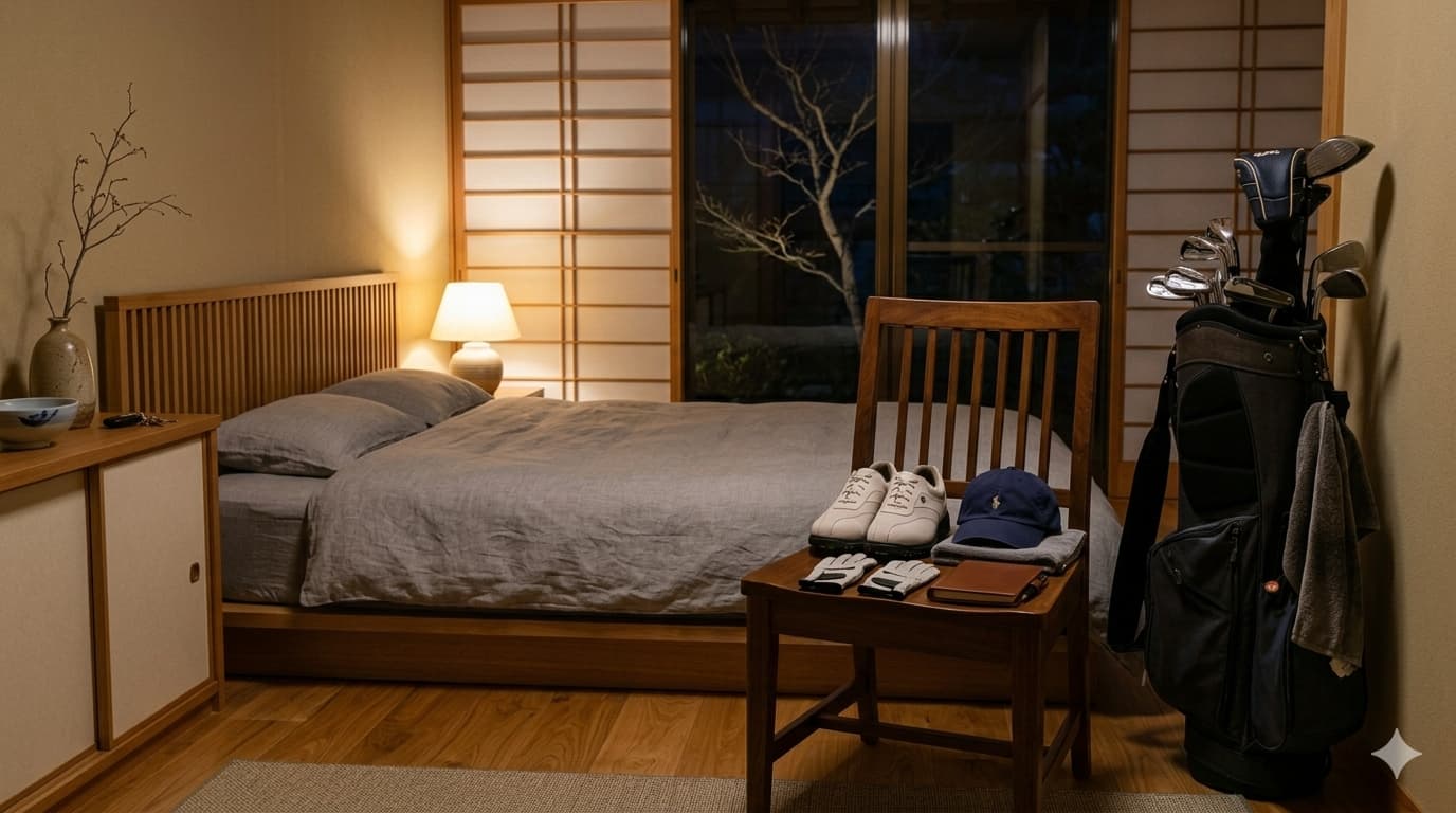 夜の寝室、ベッド脇の椅子に翌日のゴルフウェアとアクセサリーが綺麗に揃えて置かれている